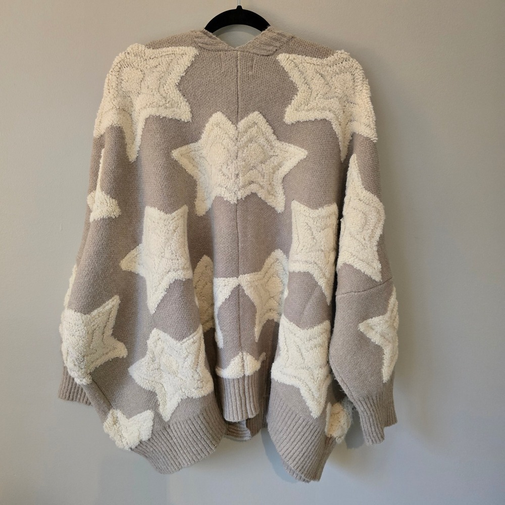 Bucket List Star Pattern Oversized Cardigan Sweater Tan Cream Wool Blend IT1670M - Picture 5 of 8